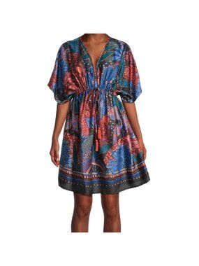 NWT World Market Mira Black Multicolor Satin Tropical Floral Short Kaftan Dress